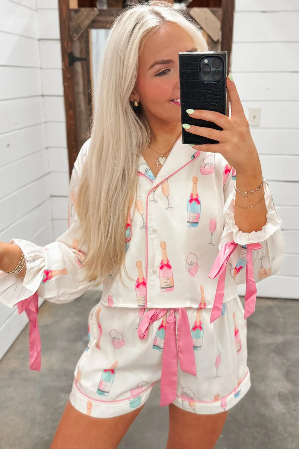 Loungewear & Sleepwear/Sleepwear White Christmas Wine Glass Print Bow Knot Two Piece Pajama Set