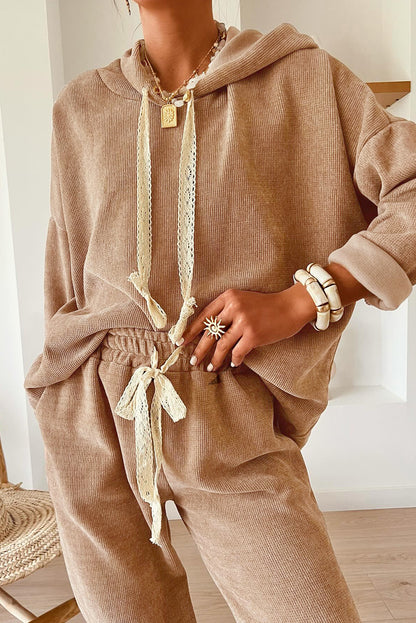 Casual Lace Drawstring Pullover Hoodie and High Waist Pants Corduroy Suit