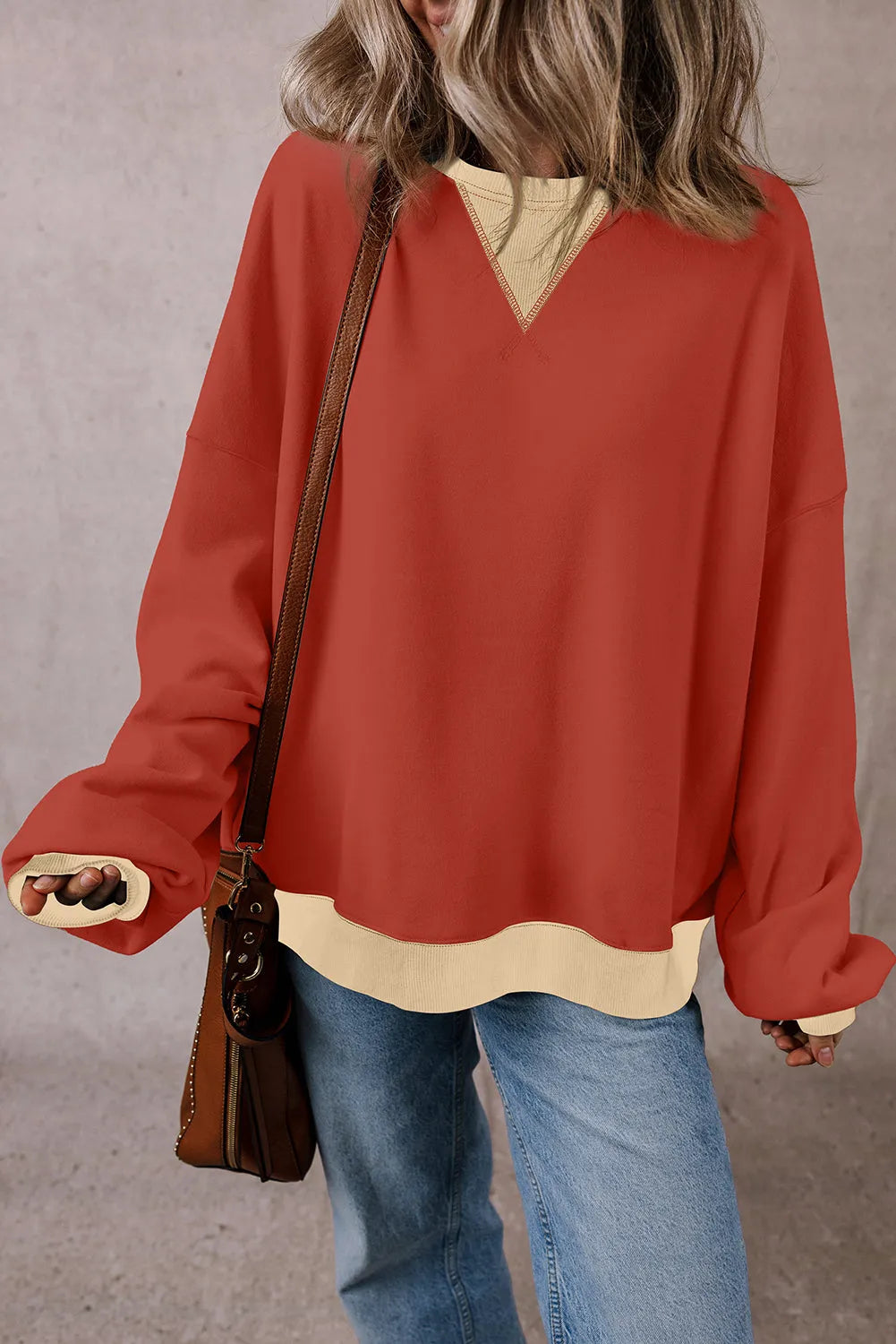 Red Clay Color Block Patch Drop Shoulder Oversized Sweatshirt - Chic Meadow Boutique 