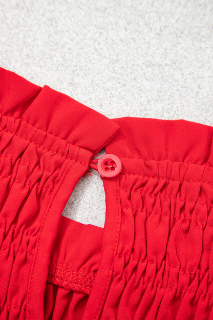 Racing Red Solid Color Smocked Ruffle Hem Long Sleeve Blouse