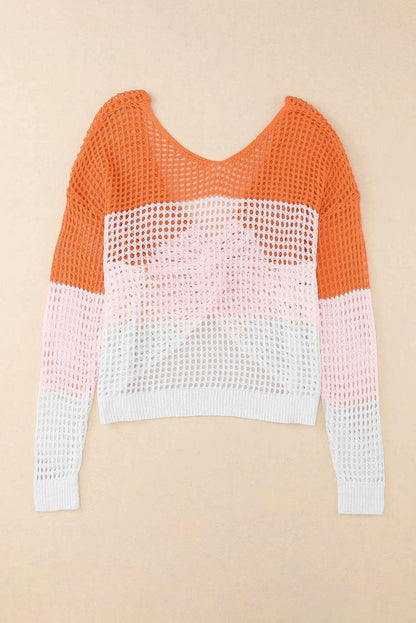 Tops/Tops & Tees Multicolor Color Block Eyelet Long Sleeve Twisted Back Knit Top