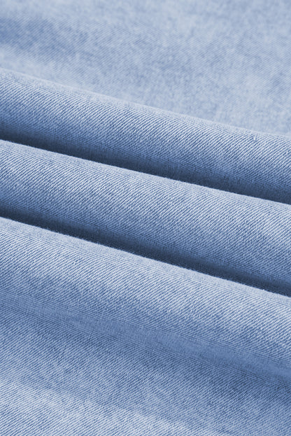 Beau Blue Double Ruffled Sleeves Buttoned A-line Collared Mini Denim Dress