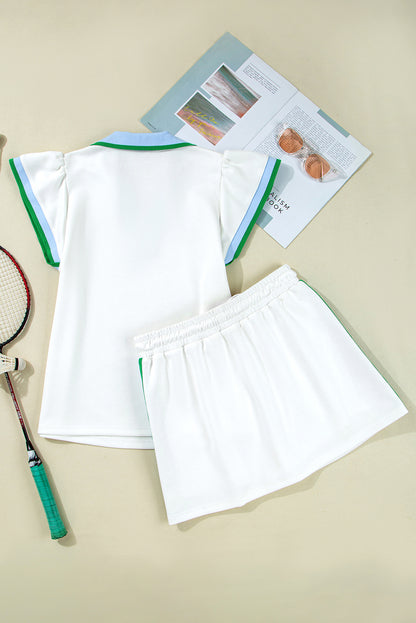 White Colorblock Edge Cap Sleeve Collared Top 2 Piece Skirt Set