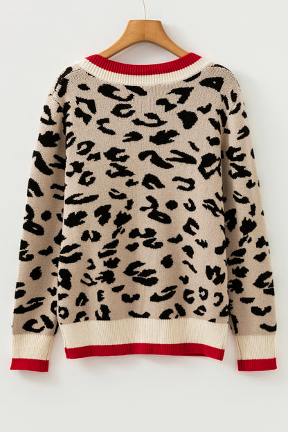 Khaki Leopard Pattern V-Neck Contrast Rib Knitted Sweater