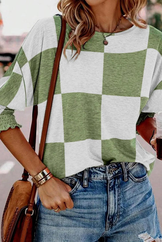 Tops/Blouses & Shirts Grass Green / S / 95%Polyester+5%Elastane Grass Green Mix Checkered Print Shirred Cuffs Blouse