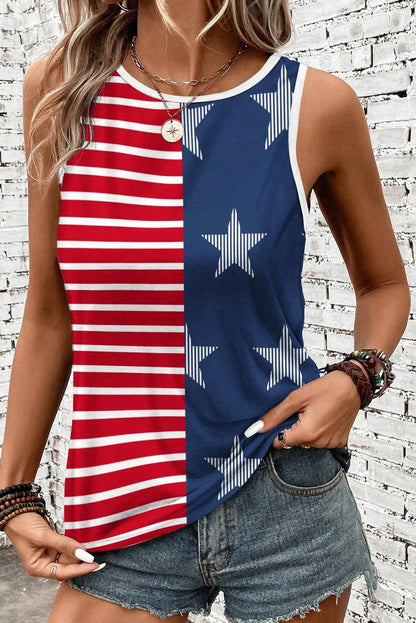 Red USA Flag Printed Round Neck Tank Top - Chic Meadow Boutique 