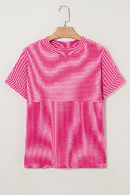 Bright Pink Plain Corded Knit Mock Neck T Shirt
