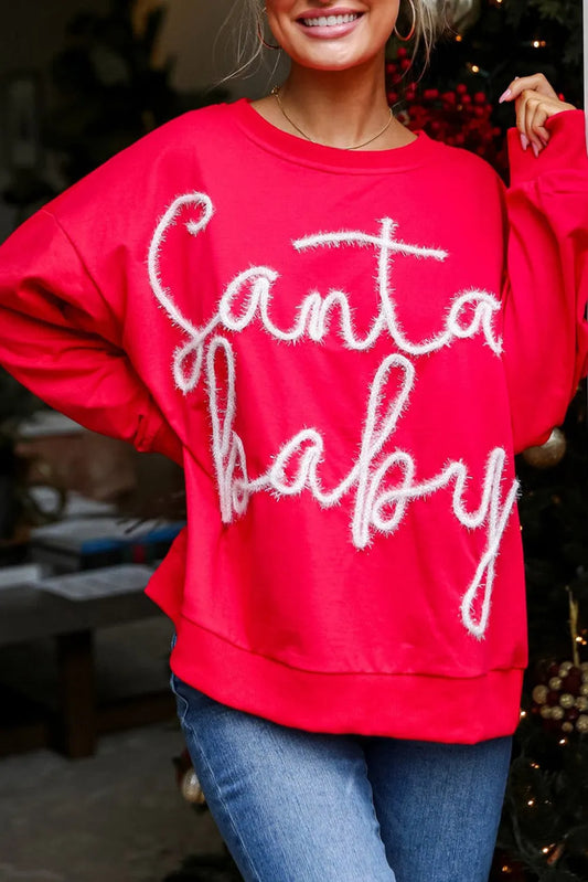 Fiery Red Christmas Santa Baby Tinsel Graphic Sweatshirt - Chic Meadow Boutique 