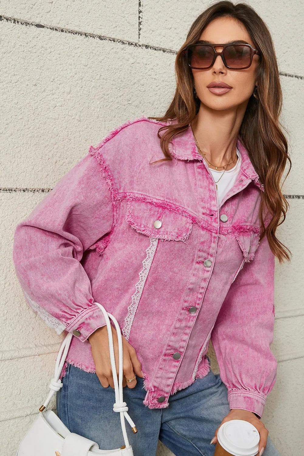 Outerwear/Denim jackets Pink Lace Patchwork Distressed Buttoned Denim Jacket