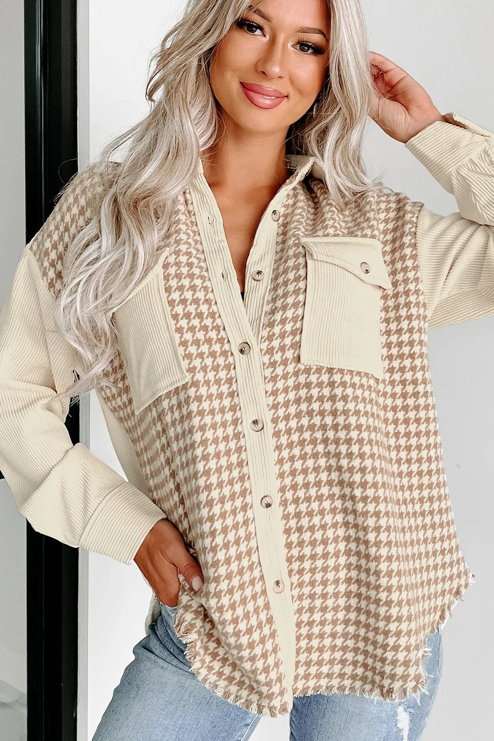 Parchment Houndstooth Corduroy Patchwork Flap Pocket Shacket - Chic Meadow Boutique 