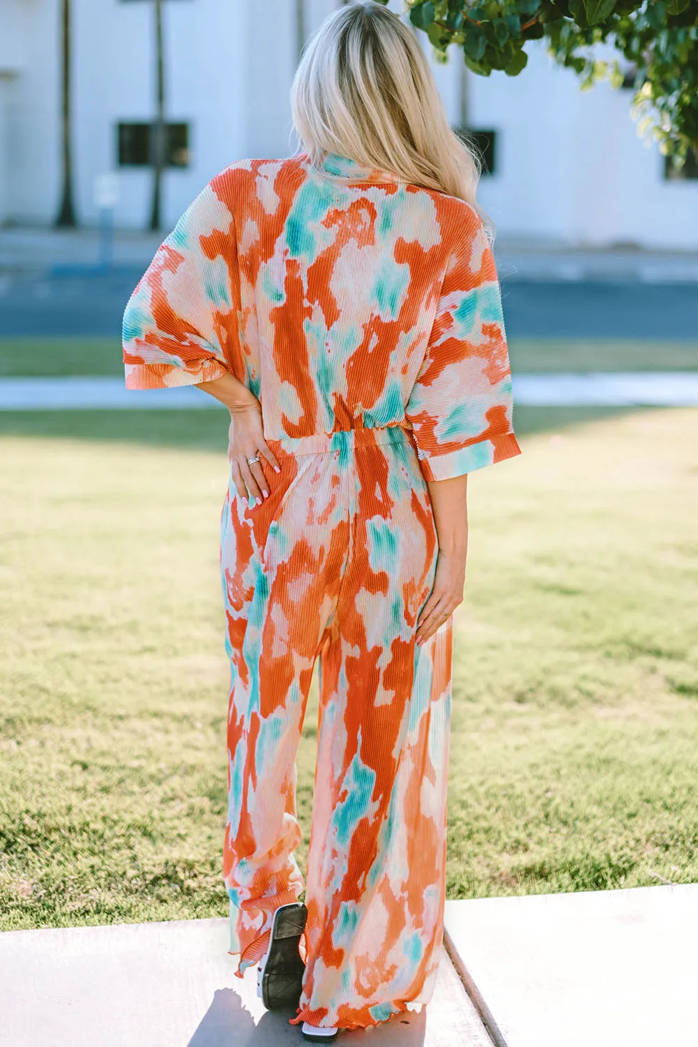 Multicolor Bohemian Tie Dye Pleated Shirt Collar Loose Jumpsuit - Chic Meadow Boutique 