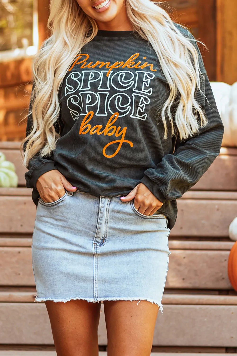 Dark Grey Halloween Pumpkin Spice Baby Graphic Textured Sweatshirt - Chic Meadow Boutique 