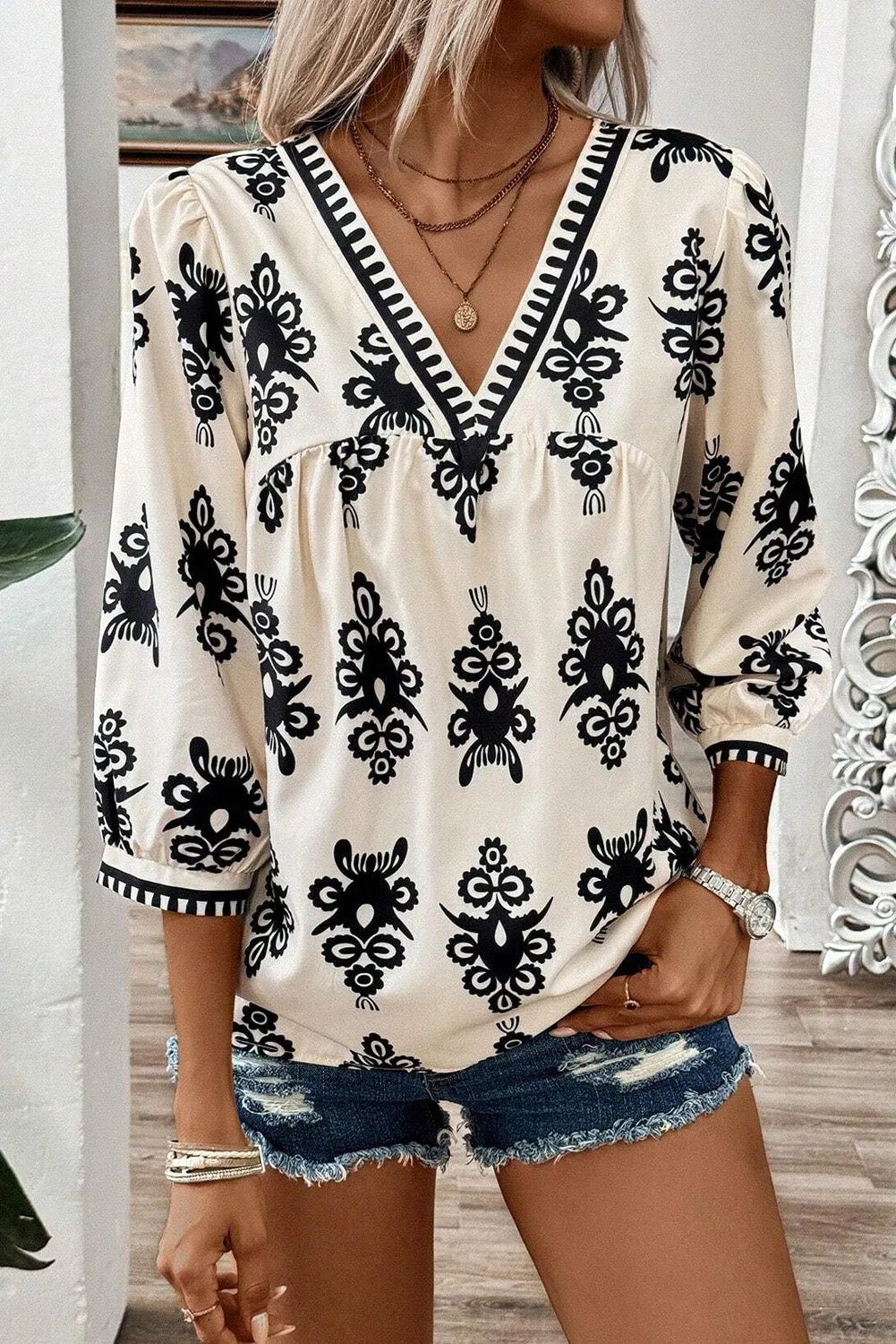 Beige Vintage Geometric Printed 3/4 Sleeve V Neck Blouse - Chic Meadow Boutique 