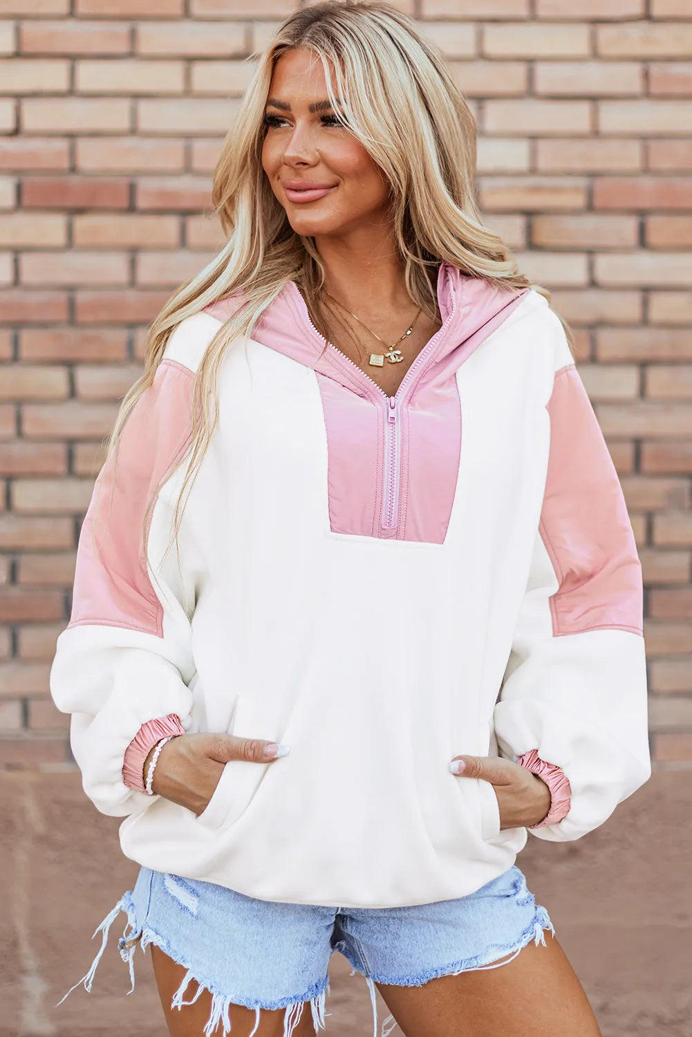 White Colorblock Patchwork Half Zip Oversized Sherpa Hoodie - Chic Meadow Boutique 