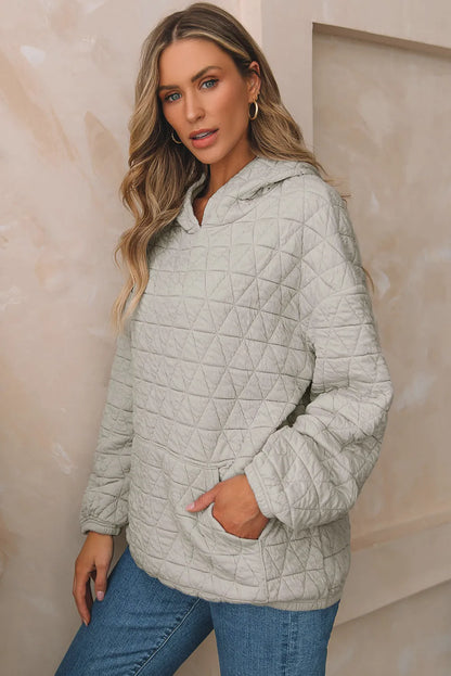 Light Grey Solid Color Quilted Kangaroo Pocket Hoodie - Chic Meadow Boutique 