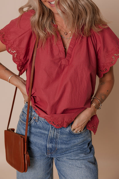 Red Dahlia Floral Embroidered Scallop Trim Short Sleeve V Neck Blouse