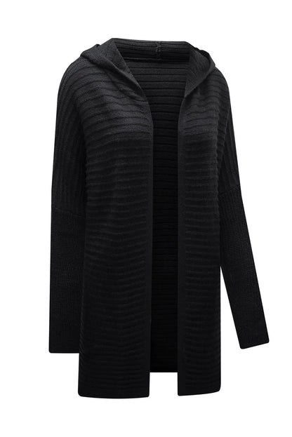 Black Horizontal Rib Knitted Open Front Hooded Cardigan - Chic Meadow Boutique 