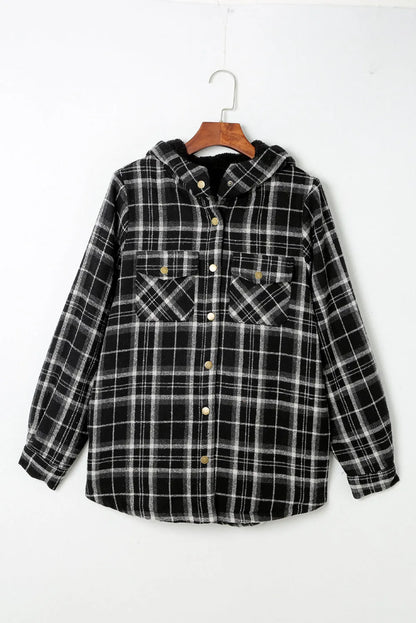 Black Plaid Pattern Sherpa Lined Hooded Shacket - Chic Meadow Boutique 