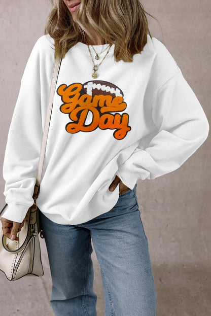 White Chenille Game Day Rugby Football Pattern Pullover Sweatshirt - Chic Meadow Boutique 