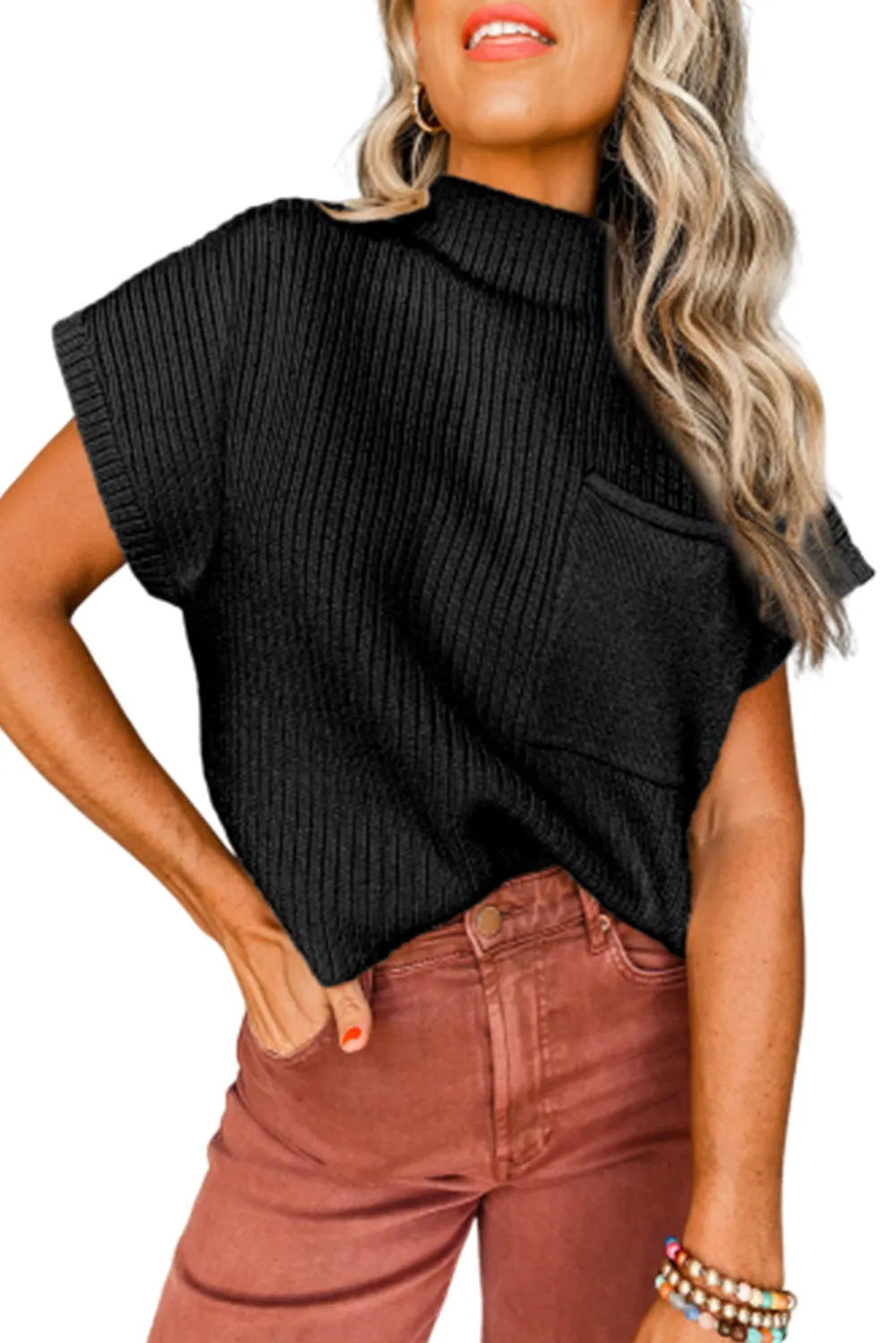 Black Patch Pocket Ribbed Knit Short Sleeve Sweater - Chic Meadow Boutique 