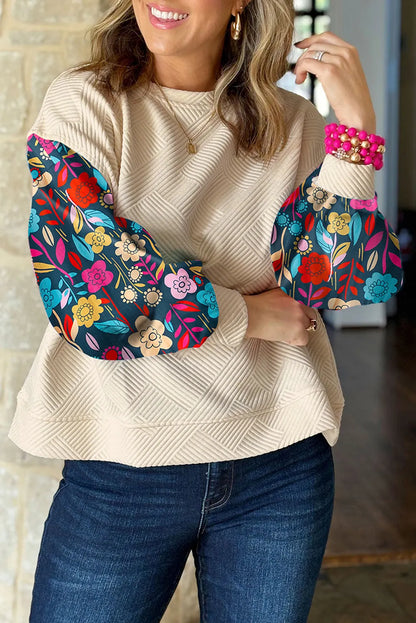 White Contrast Floral Sleeve Textured Drop Shoulder Knit Top - Chic Meadow Boutique 