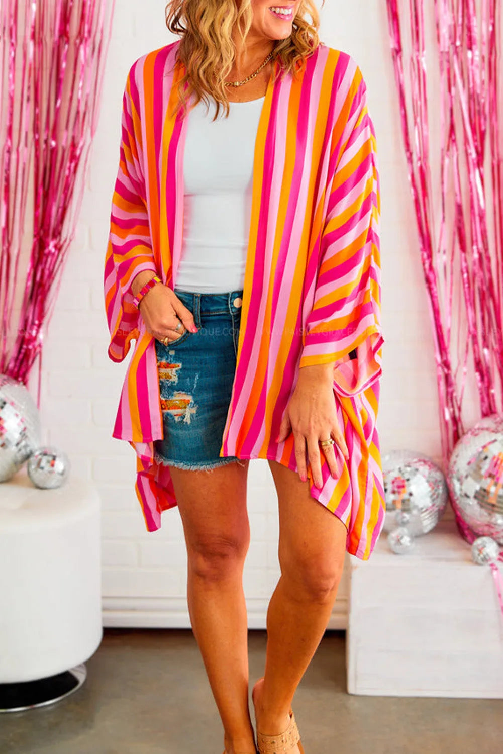 Rose Stripe Wide Sleeve Open Front Kimono - Chic Meadow Boutique 