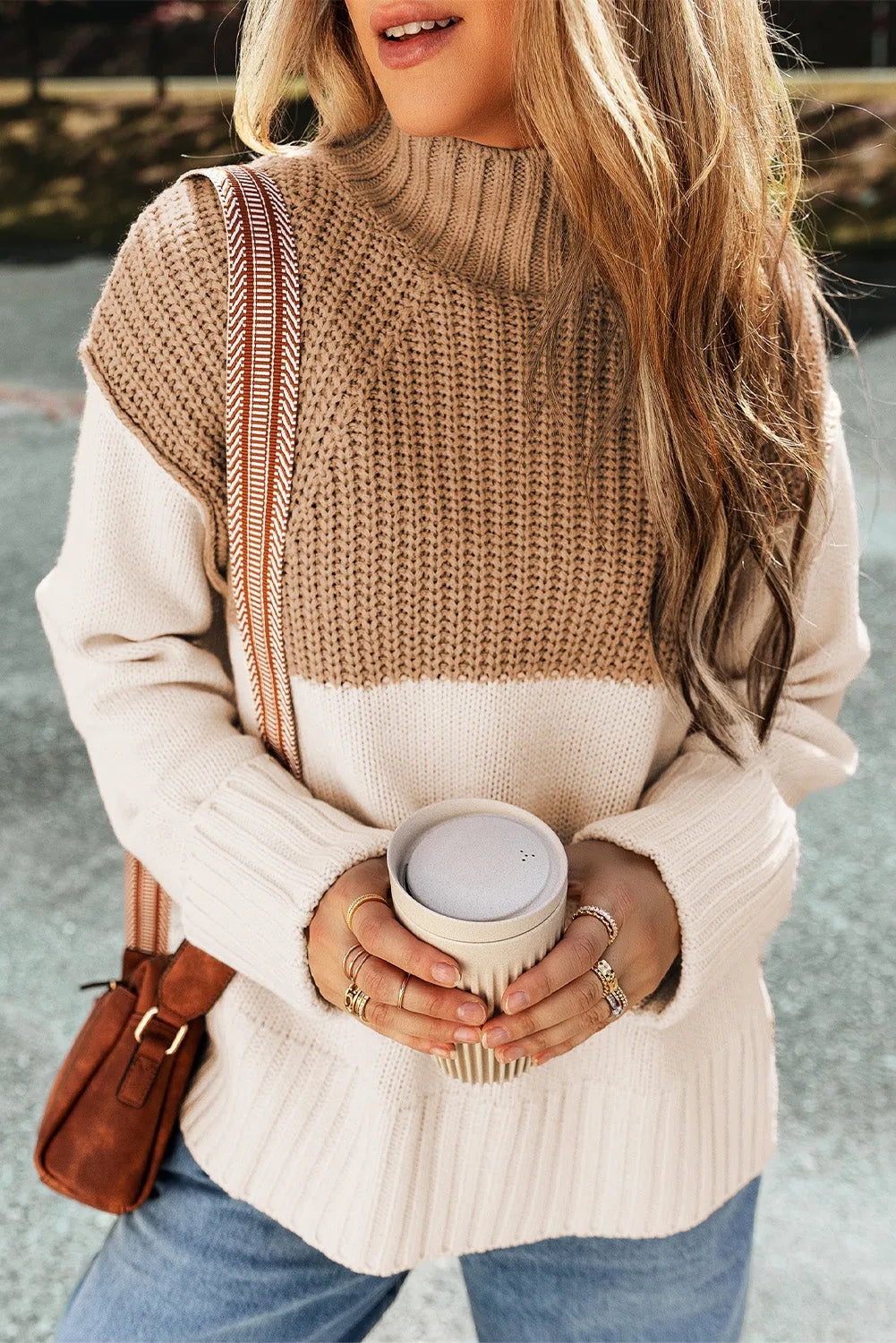 Parchment Cable Knit Color Block Side Splits High Neck Sweater - Chic Meadow Boutique 