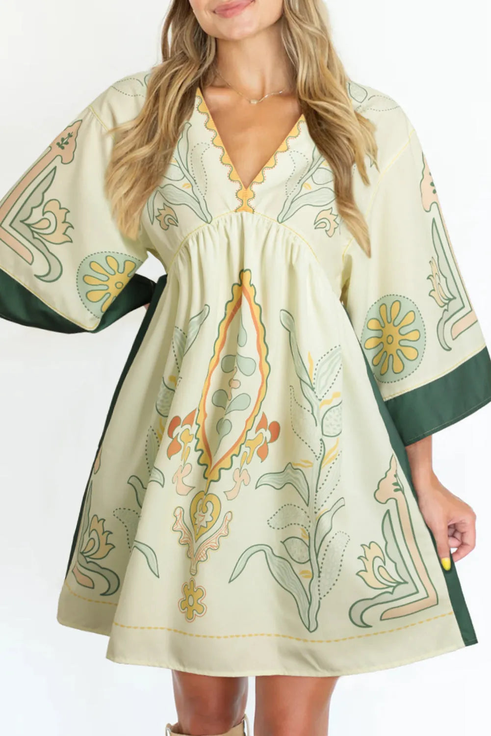 Multicolour Boho Print V Neck Empire Waist Short Kimono Dress - Chic Meadow Boutique 