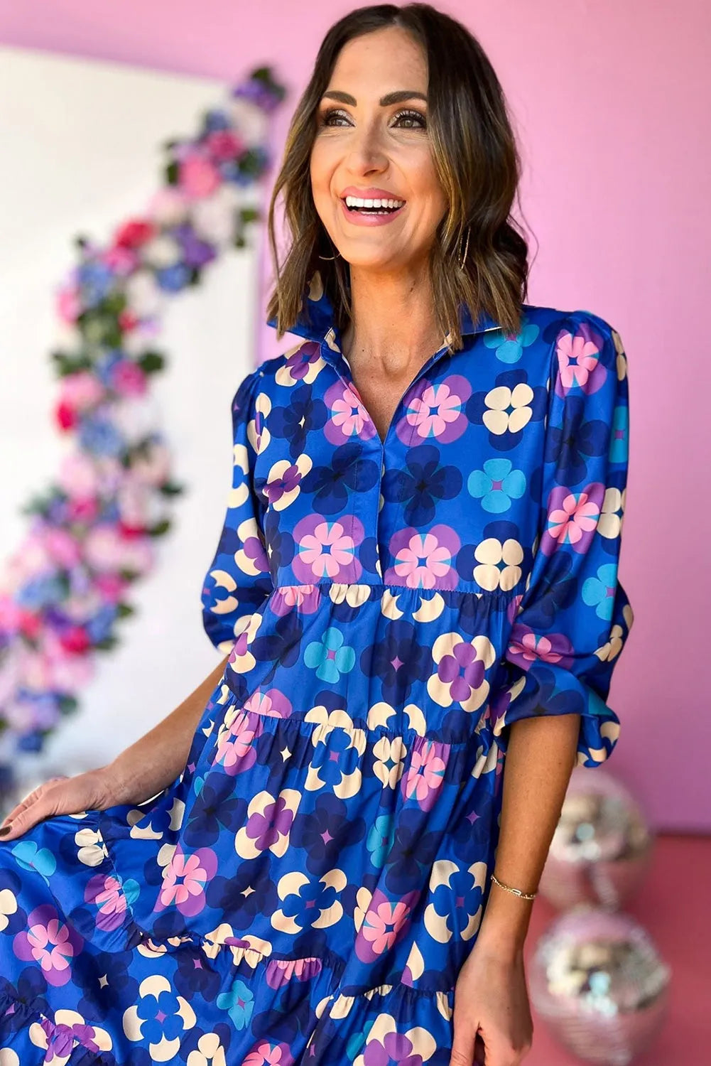 Blue Floral Peasant Sleeve Tiered Ruffle Midi Dress - Chic Meadow Boutique 