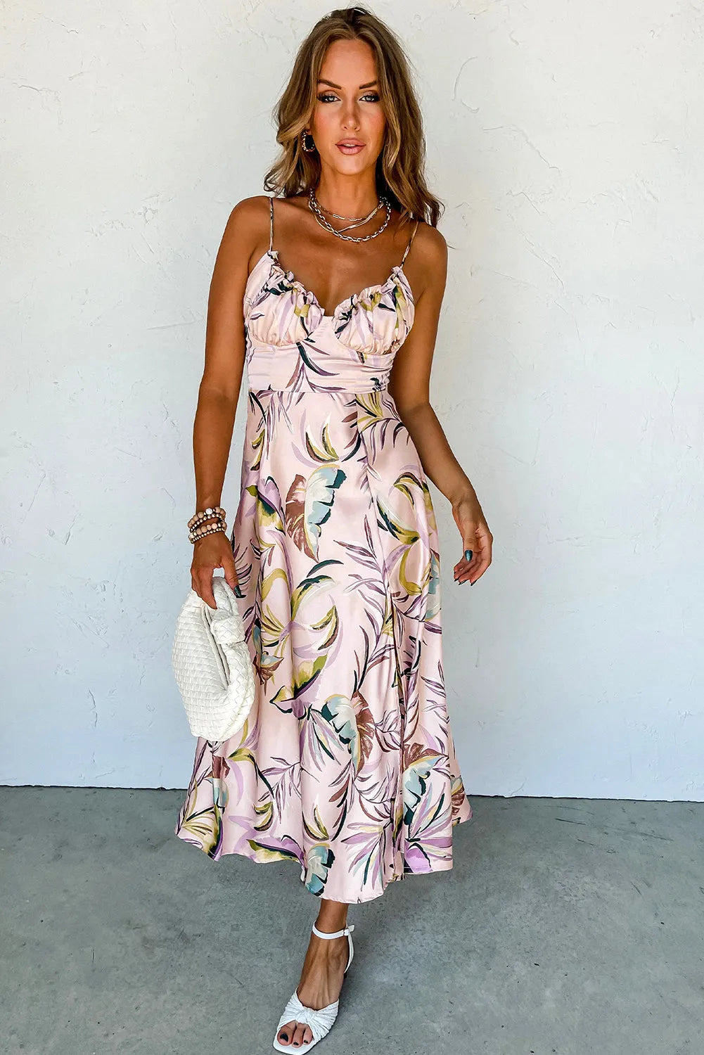 Apricot Tropical Print Spaghetti Straps Cupped Dress - Chic Meadow Boutique 