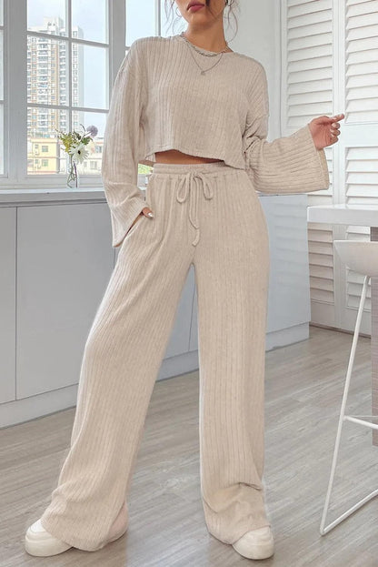 Two Piece Sets/Pant Sets Khaki / S / 85%Polyester+10%Viscose+5%Elastane Khaki Ribbed Knit Bell Sleeve Crop Top Drawstring Pants Set