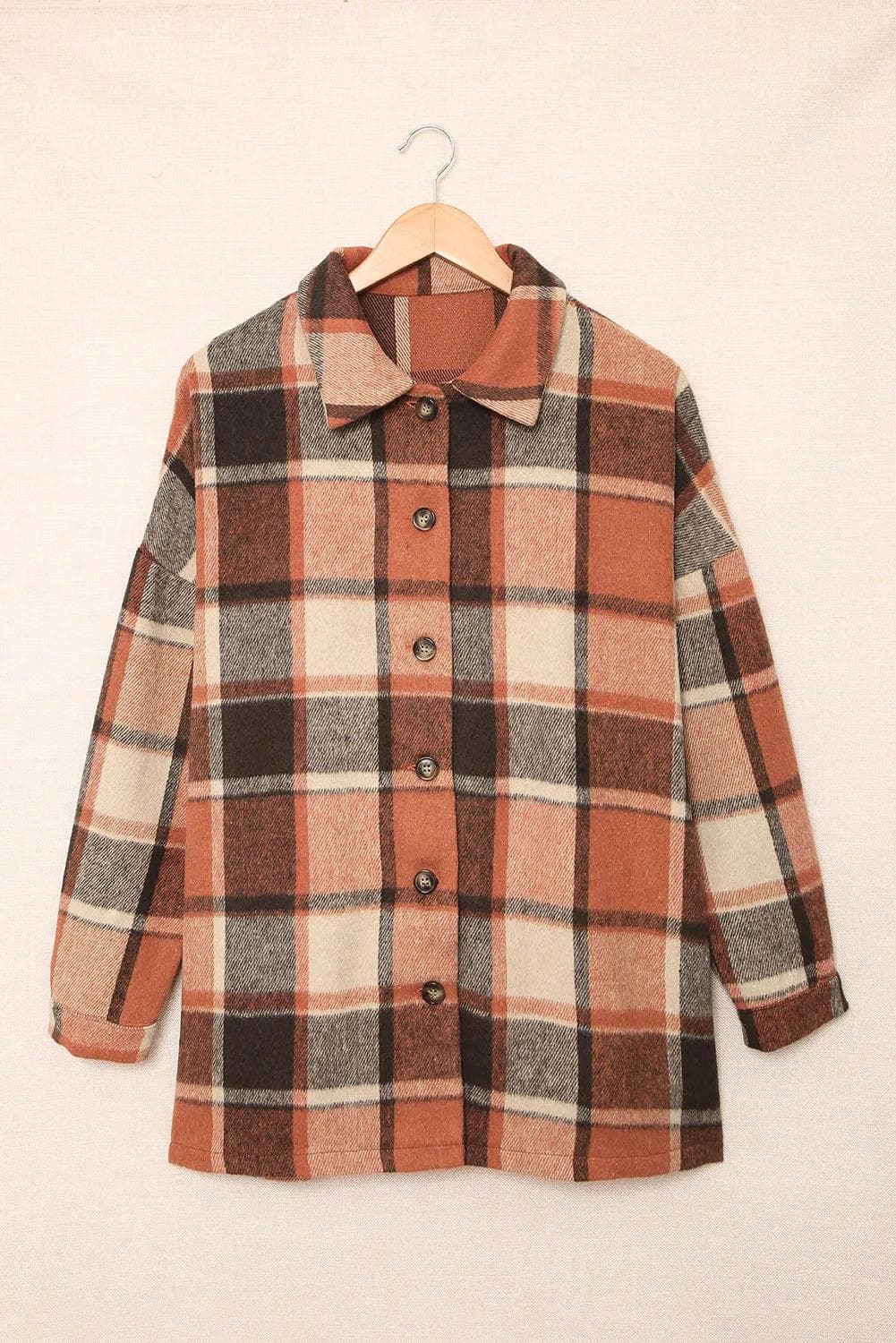 Outerwear/Jackets Orange Plaid Print Buttoned Shirt Jacket