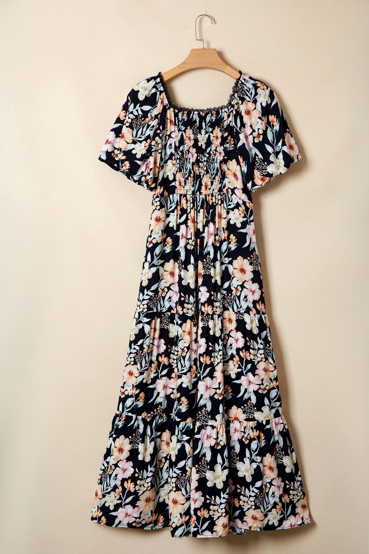 Blue Short Sleeve Smocked Detail High Waist Floral Maxi Dress