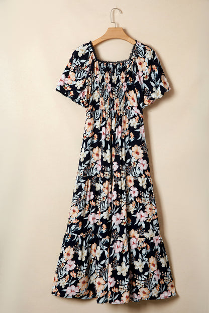 Blue Short Sleeve Smocked Detail High Waist Floral Maxi Dress