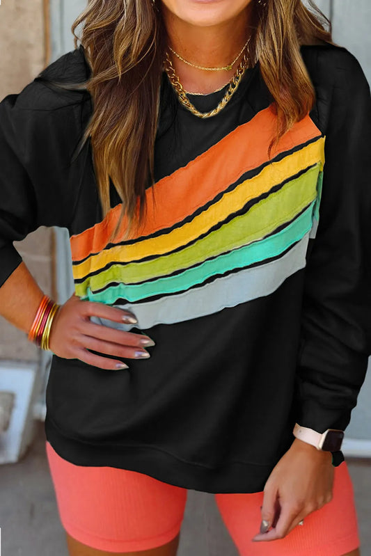 Black Rainbow Raglan Sleeve Crew Neck Plus Size Sweatshirt - Chic Meadow Boutique 