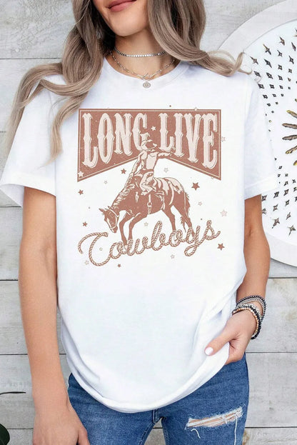 White LONG LIVE Cowboy Graphic Crewneck T Shirt - Chic Meadow Boutique 