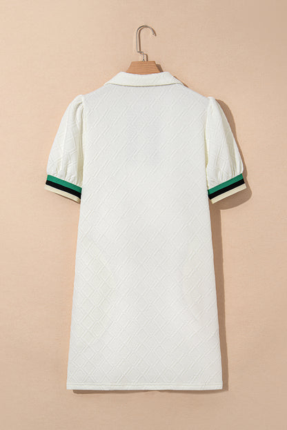 White Textured Jacquard Colorblock Edge Puff Sleeve Quarter Zip Mini Dress