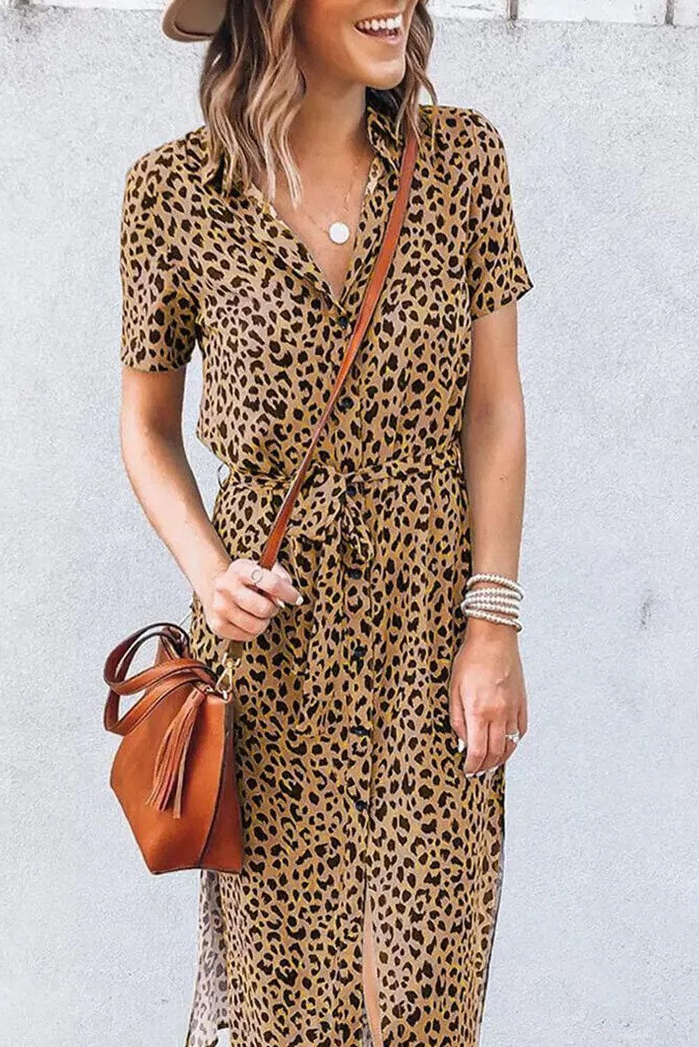 Khaki Leopard Turn-Down Collar Slit Midi Dress - Chic Meadow Boutique 