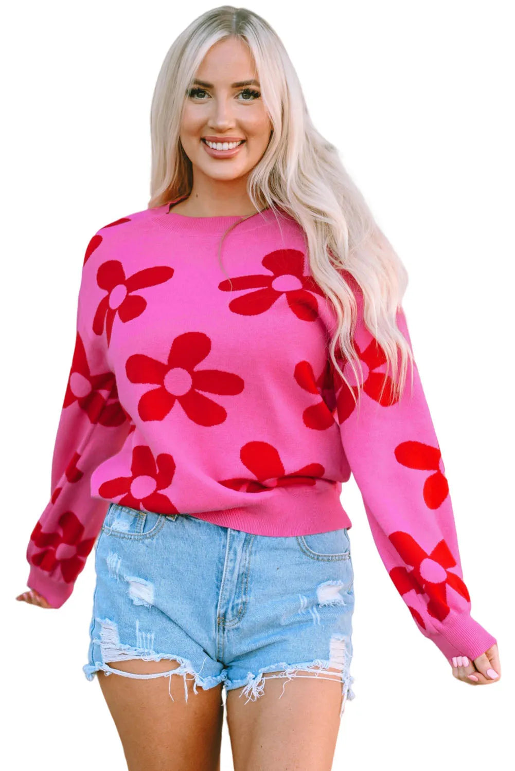 Rose Big Flower Knit Ribbed Trim Sweater - Chic Meadow Boutique 