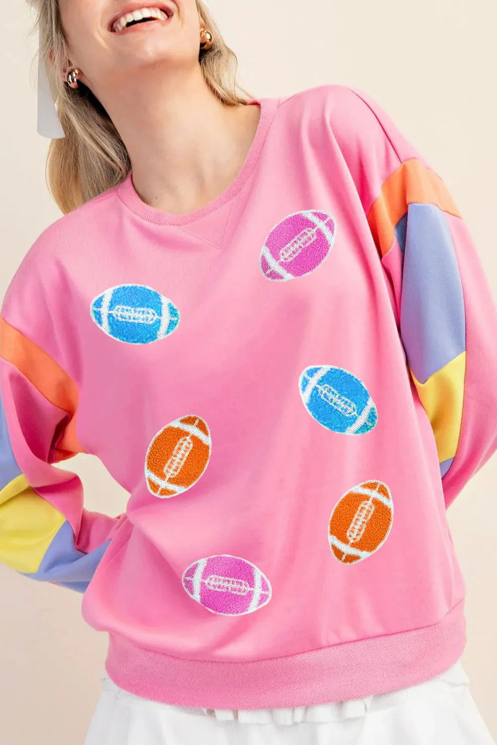 Pink Rugby Football Patchwork Color Block Game Day T Shirt - Chic Meadow Boutique 