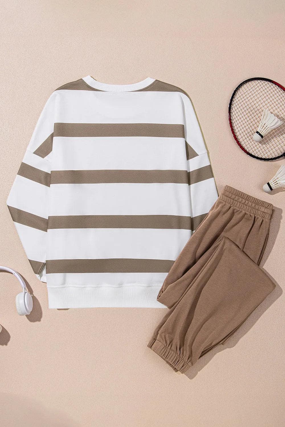 Two Piece Sets/Pant Sets Light French Beige Striped Drop Shoulder Pullover and Jogger Pants Set