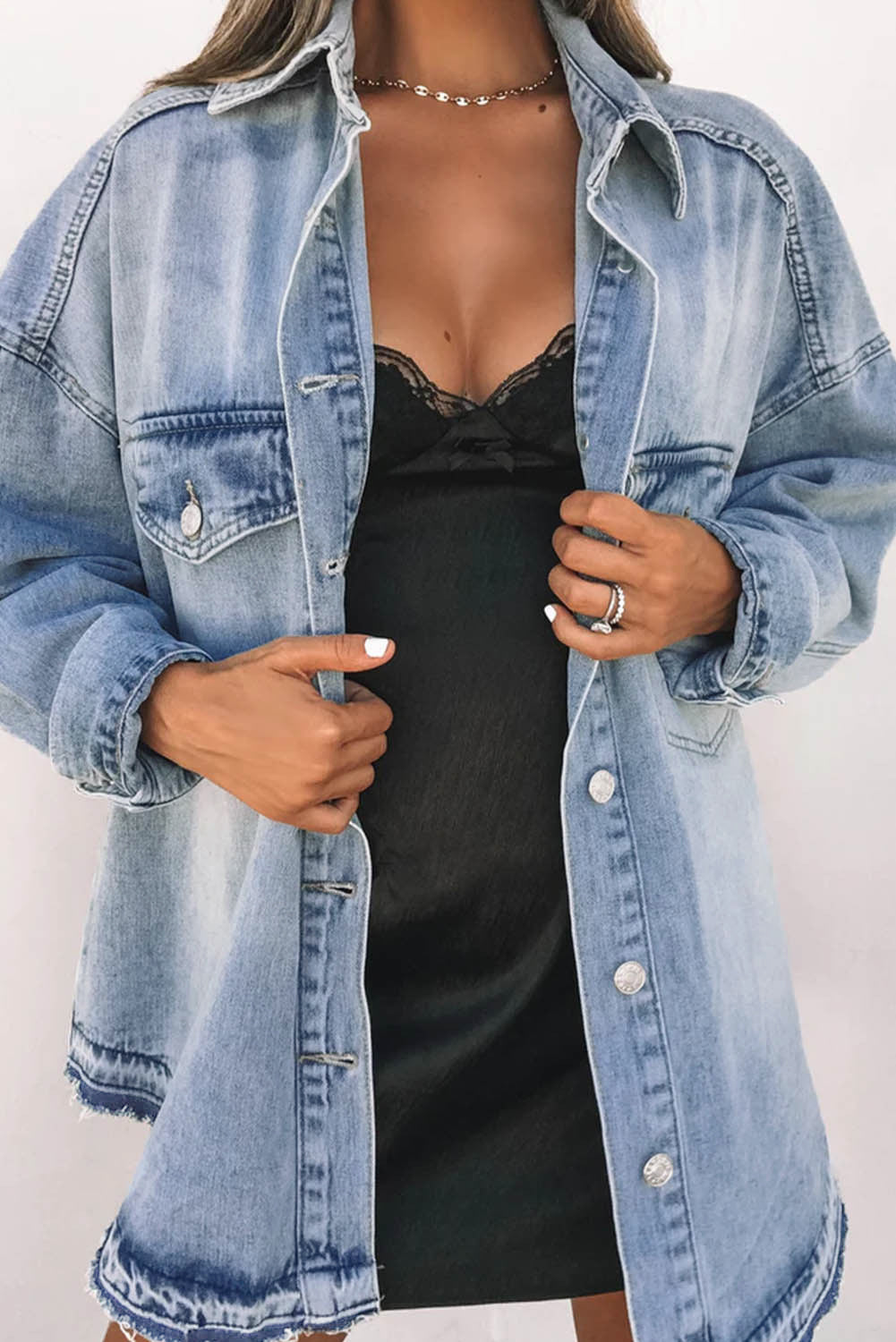 Sky Blue Flap Pocket Buttoned Oversized Denim Jacket - Chic Meadow Boutique 