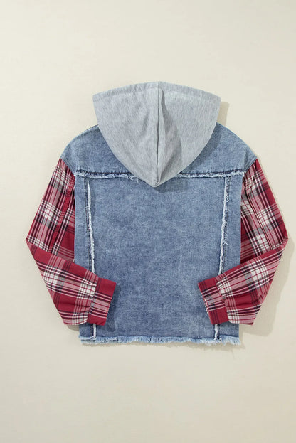 Beau Blue Plaid Print Patchwork Hooded Raw Hem Denim Jacket - Chic Meadow Boutique 