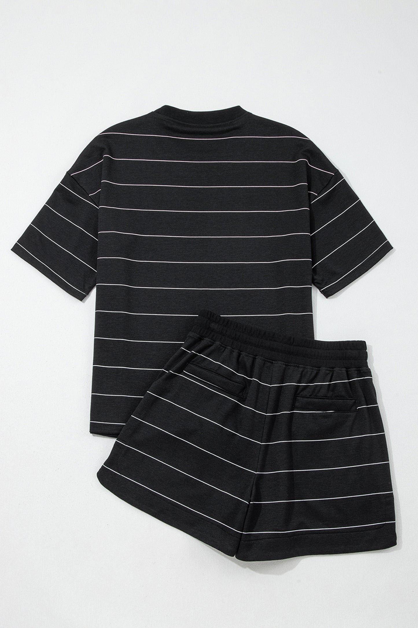 Black Stripe Half Sleeve Tee Drawstring Shorts 2pcs Set