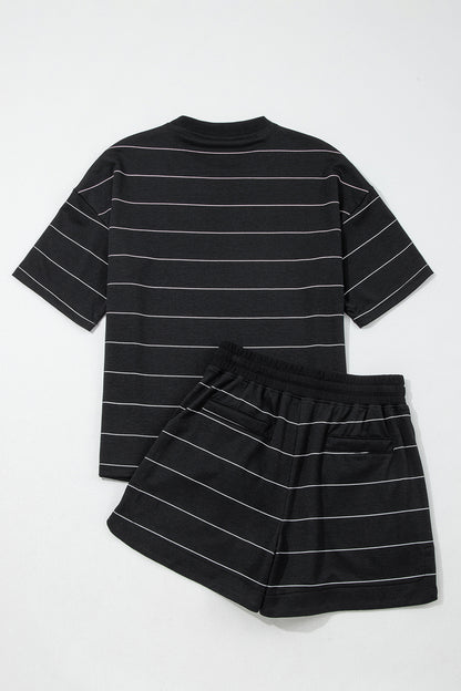 Black Stripe Half Sleeve Tee Drawstring Shorts 2pcs Set