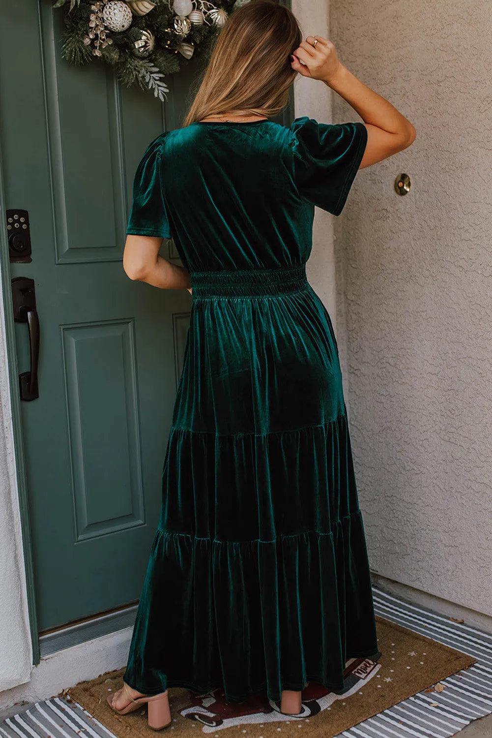 Evergreen Velvet Short Sleeve Shirred Waist Tiered Maxi Dress - Chic Meadow Boutique 