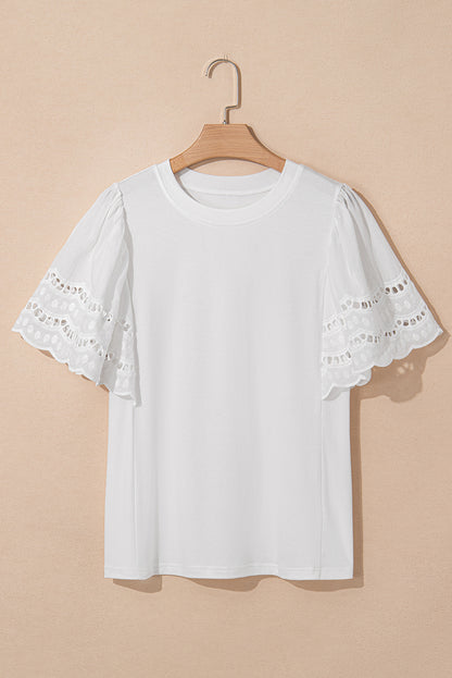 White Hollow Out Embroidered Short Sleeve O Neck Top