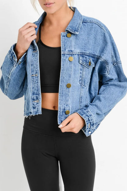 Sky Blue Medium Wash Chunky Cropped Denim Jacket - Chic Meadow Boutique 