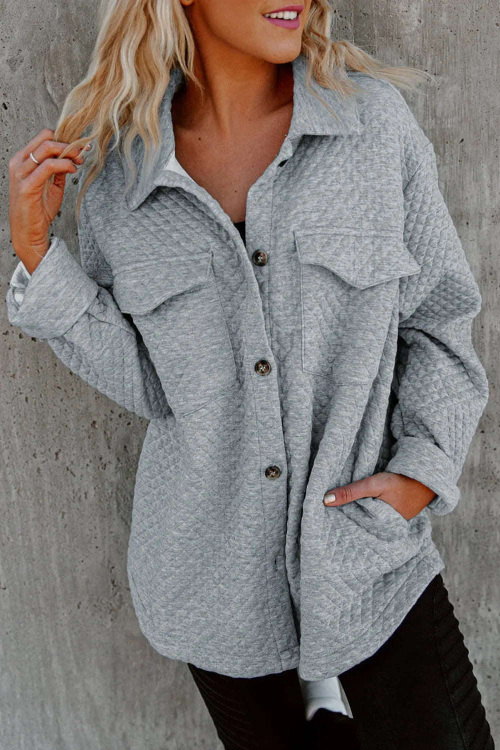 Gray Retro Quilted Flap Pocket Button Shacket - Chic Meadow Boutique 