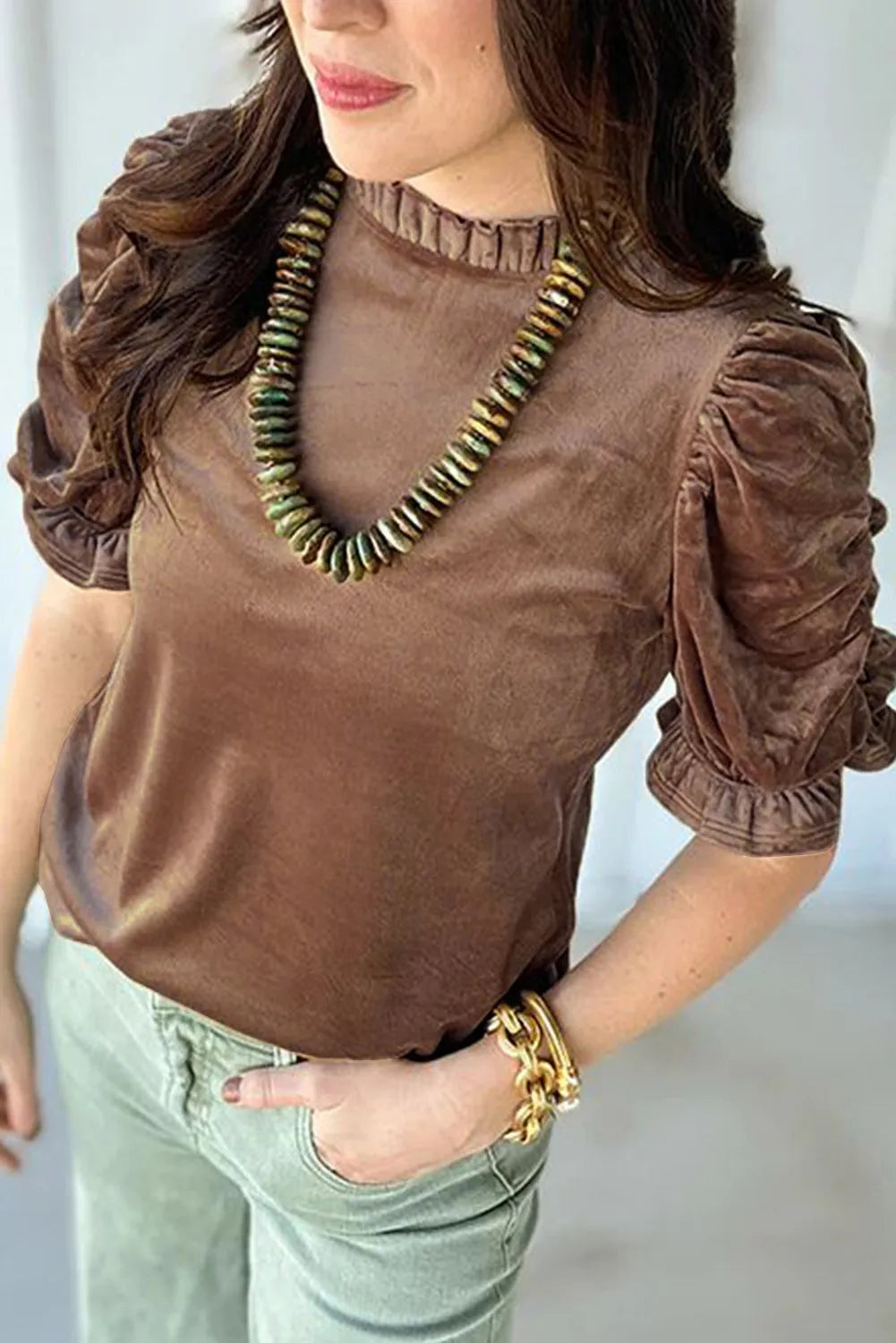 Camel Ruffled Arm Velvet Top - Chic Meadow Boutique 